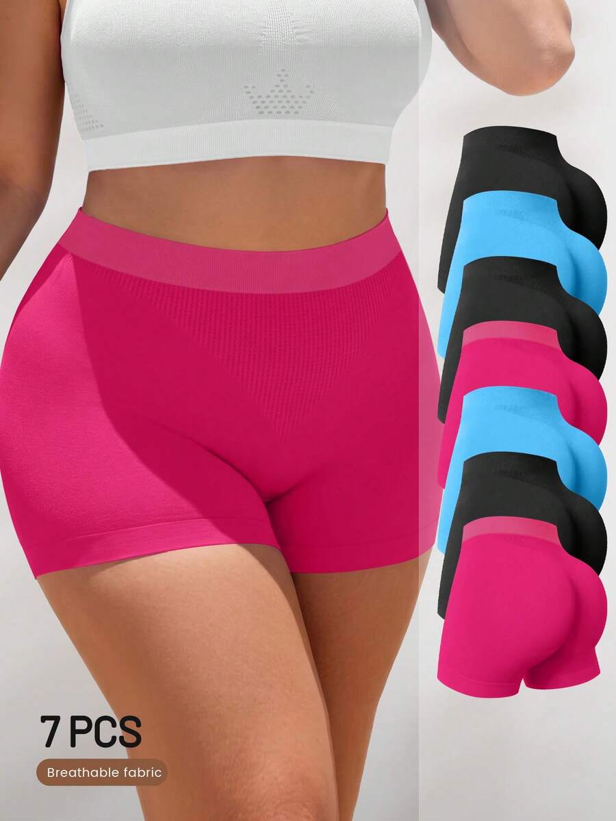 7pcs Women's Plus Size Panties Boxer Briefs, Striped Design, Minimalist Solid Color, Elastic, Soft, Breathable