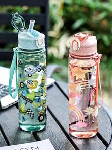 1pc Cute Cartoon Straw Cup, Student Water Bottle, Portable Large Capacity For Outdoor Camping, Picnic, Back To School, Hydration Gift Cup - Multicolor - View 1