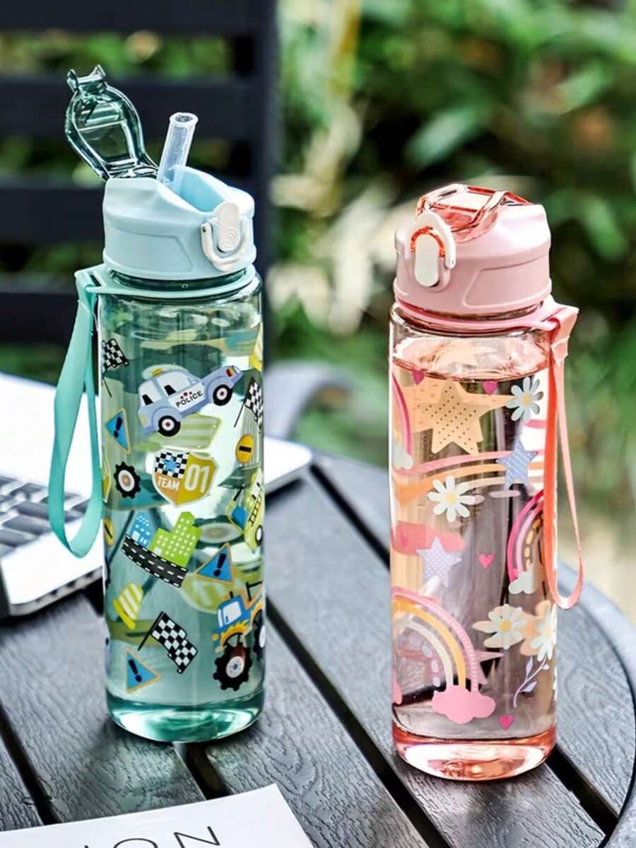 1pc Cute Cartoon Straw Cup, Student Water Bottle, Portable Large Capacity For Outdoor Camping, Picnic, Back To School, Hydration Gift Cup - Multicolor - View 1