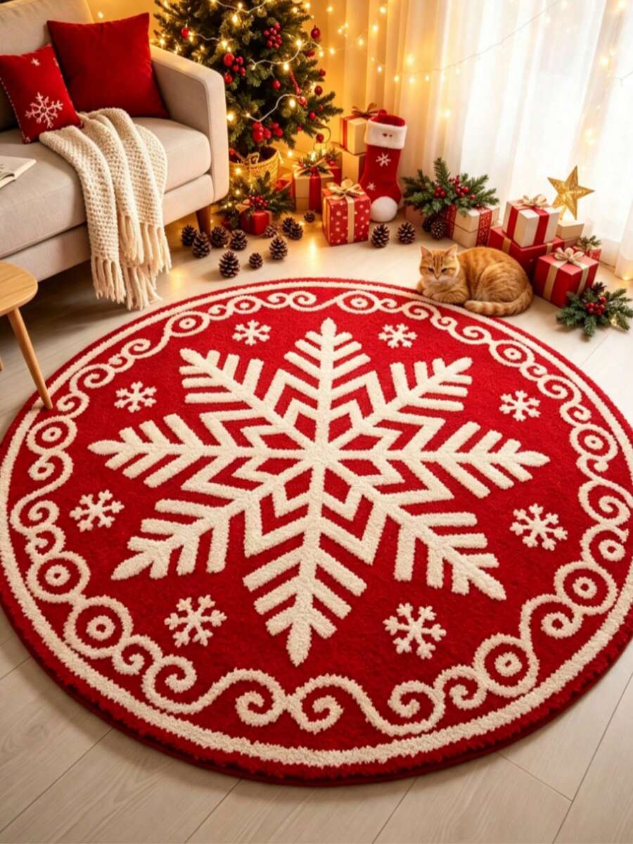 1pc Christmas Classic Color Snowflake Decor Rug, Sweet Cool Style Butterfly Rug, Living Room Small Rug, Bedroom Rug, Living Room Home Decor, Outdoor Rug, Washable Rug - Multicolor - View 1