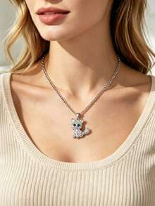 Rainbow Rhinestone Cat Pendant Necklace, Polished Silver Tone Kitten Pendant Necklace, Perfect For Women And Young Girls, Cute Animal Style Jewelry - Multicolor - View 2