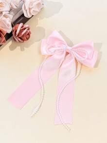 1pc Satin Double Layer Long Ribbon Pearl Chain Bow Hair Clip, Gentle Girl Half-Up Hair Accessory, Multi-Color Minimalist Versatile Hair Ornament, Back To School Gift - Multicolor - View 8