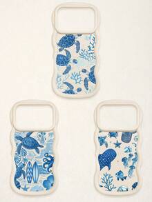 3 Pcs Wavy White Edge Ocean Sea Turtle Print Phone Case, Blue Tone Underwater Creature Illustration Soft Shell, Thickened Wavy Frame Full Coverage Anti-Drop TPU Phone Cover, Ins Vacation Style Niche Fresh Digital Accessory; Suitable For Valentine's Day, Easter, Mother's Day, Father's Day, Independence Day, Halloween, Thanksgiving, Christmas, New Year, Birthday, Back To School Gifts, Compatible With IPhone 17/17 Pro - Multicolor - View 13