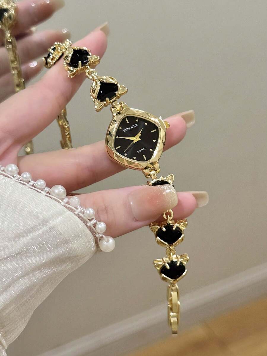 1件超亮女款方形時尚休閒百搭石英手錶,適合日常裝飾,粉色/金色/黑色 - 金色 - 查看 1