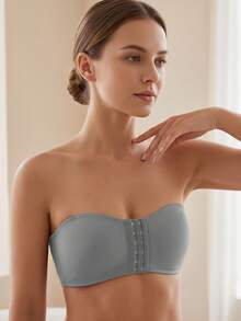 CELILIN Grey Front Closure Strapless Bandeau Bra For Women, Anti-Slip Non-Slip Push-Up Skin-Friendly Seamless Bandage - Grey - View 4