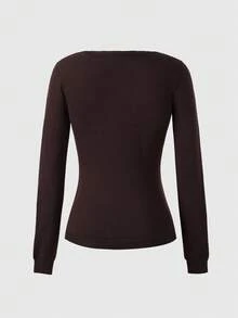 Floreya Elegant Casual Daily Commute Basic Fitted Knit Sweater Top, Winter For Women - Brown - View 5