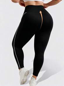 1pc Plus Size 9/10 Length Leggings, All Season, Tummy Control, Waist Shaping, Color Block, Fashionable Minimalist Casual Sports Yoga Base Layer Pants - Black - View 3