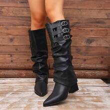 2-Way Detachable Strap Ruched Stacked Western Cowboy Boots For Women, Pointed Toe Chunky Heel Black Motorcycle Mid-Calf Boots - Black - View 4