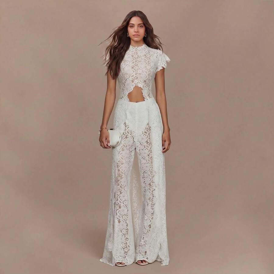 Conjunto de 2 Piezas de Satén Estilo Boho para Mujer, Camisa de Manga Corta y Pantalones de Pierna Ancha, Conjunto de Lujo para Vacaciones y Relax - Blanco - Ver 1