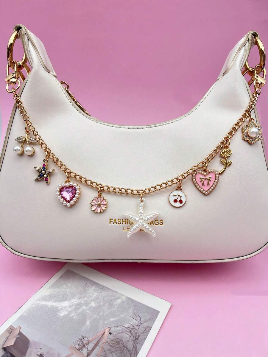 1 pieza/1 set, Encantador colgante de bolso con perla y estrella de mar, broche de lazo perlado encantador, llavero de bolso con diamante rosa premium, colgante de bolso para mujer, medalla de Charm para mochila, colgante de cadena para bolso de hombro, decoración de habitación, regalo de graduación escolar y vacaciones - Multicolor - Ver 1