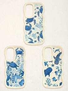 3 Pcs Wavy White Edge Ocean Sea Turtle Print Phone Case, Blue Tone Underwater Creature Illustration Soft Shell, Thickened Wavy Frame Full Coverage Anti-Drop TPU Phone Cover, Ins Vacation Style Niche Fresh Digital Accessory; Suitable For Valentine's Day, Easter, Mother's Day, Father's Day, Independence Day, Halloween, Thanksgiving, Christmas, New Year, Birthday, Back To School Gifts, Compatible With IPhone 17/17 Pro - Multicolor - View 34