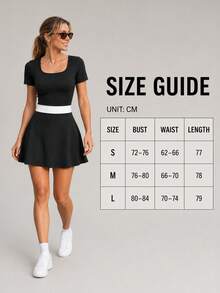 Women's Colorblock Waist-Cinched Sports Dress, Built-In Shorts With Side Pockets, Slim Fit Short Sleeve Tennis Skirt, Black - Black - View 7