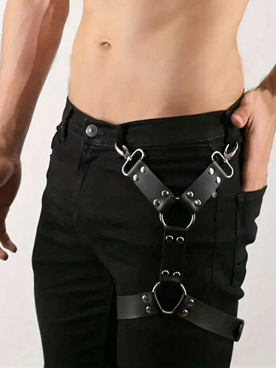 Men's PU Leather Harness Belt Gothic Punk Style Adjustable Metal Rings & Rivets Perfect For Clubwear Streetwear Cosplay & Night Out Fashion Accessory - Black - View 1