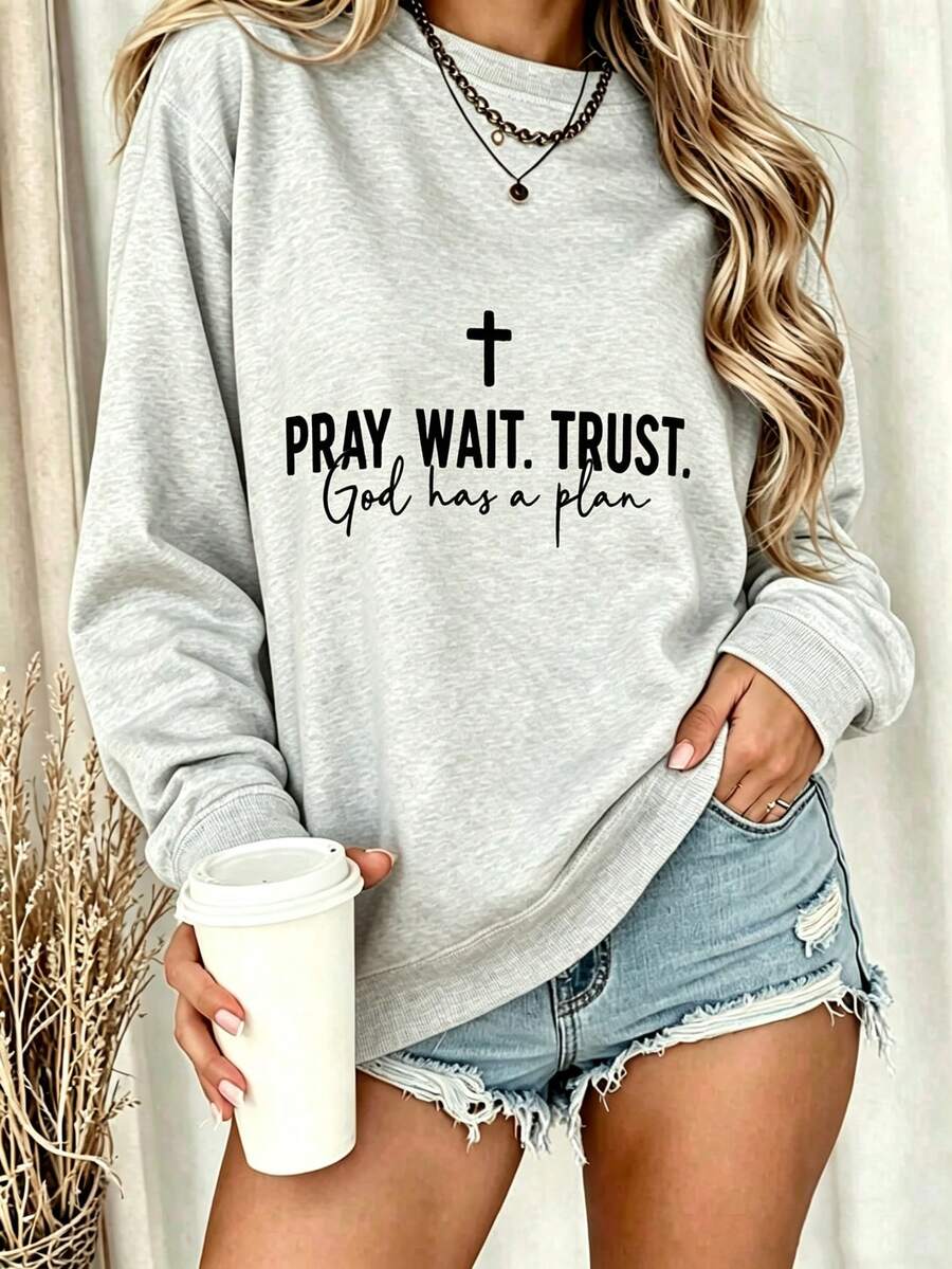 Letter Retro Retro English Back To School Season PRAY WAIT TRUST GOD HAS A PLAN Back To School Women Outfits Women's Casual Sweatshirt-Autumn/Winter - 灰色1 - 查看 1