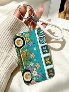 New 2D Floral Bus Pattern Card Holder (With Keychain), Provides Stylish Protection For Campus And Office IDs, Combines Bag Charm, Keychain, Wallet And Bank/Credit Card Storage Functions, Equipped With Sliding Cover Design And Lanyard, Suitable For Student ID, Meal Card, Bus/Metro Card And Access Card, Effectively Protects Work IDs, Ideal Choice For Teacher's Day, Birthday, Halloween, Christmas And Back To School Season, Random Pattern Cut - Multicolor - View 7
