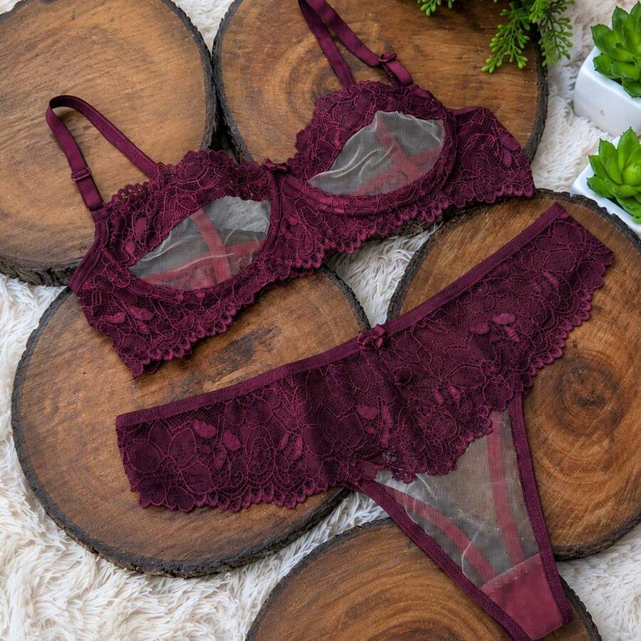 Non-Padded Underwire Lingerie Set With Invisible Tulle, Sensual Panty, Comfortable Bra, Margareth Sexy Lingerie, Adjustable Straps - 酒紅色 - 查看 1