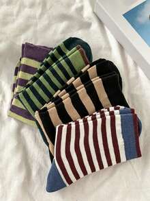 1/4/8 Pairs (Randomly Delivered) Women's Striped Retro Personalized Fashion Simple Elegant Versatile Comfortable Soft Mid-Calf Socks, Suitable For Daily Wear - Multicolor - View 3