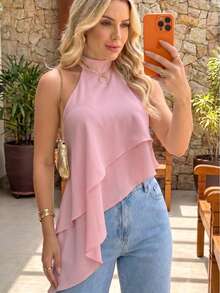 Women's Asymmetrical Cropped High Neck Halter Layered Tie-Neck Boho Chic Casual Elegant  Fashion Autumn Winter - 淺粉色 - 查看 3
