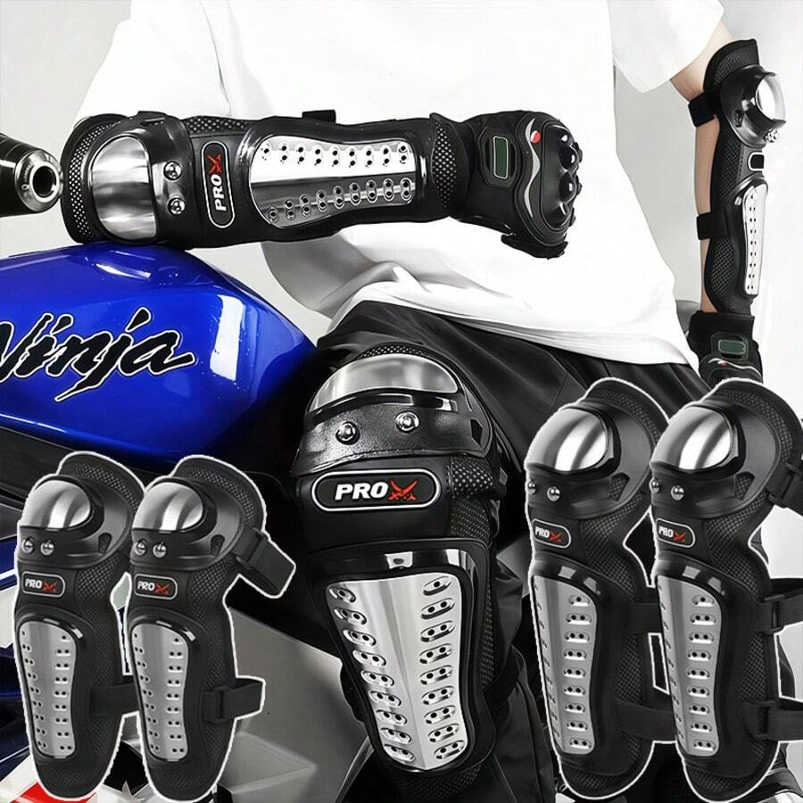 4-Piece Motorcycle Riding Protective Gear Set, Knee Pads + Elbow Pads Combination, Stainless Steel Shock Absorption Protection, Suitable For All Seasons - 4-piece Motorcycle Armor Set - View 1
