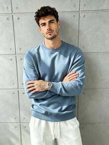 Men Solid Crew Neck Sweatshirt, Casual Long Sleeve Pullover, Basic Loose Fit Sweat Top For Daily Streetwear - Dusty Blue - View 2