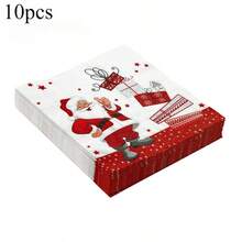 10PCS Santa Design Disposable Christmas Napkins With Gift Pattern, Red & White Festive Table Decor, Disposable Table Napkins For Christmas, Office Gatherings & Holiday Table Settings - Multiple Styles - View 6