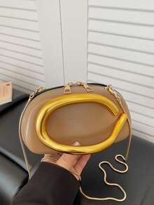 Luxury Oval Crossbody Bag Hard Shell Clutch Solid Color Glossy PU Leather Detachable Chain Women's Handbag Suitable For Wedding And Evening Party - Gold - View 4