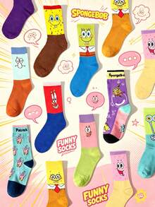 SpongeBob SquarePants 1/5/10雙襪子套組，多款卡通角色圖案中筒襪，聚酯纖維，中性款，趣味印花，適合日常穿著與送禮 - 彩色 - 查看 5