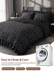 2/3pcs Satin Ruffle Duvet Cover Set, Dorm Bedding, Black Leopard Print Bedding Set, Cozy Room Decor, Skin-Friendly Breathable, Ultra Soft Anti-Pilling, No Duvet Insert Included, Suitable For Single/Double/Queen/King Size Bed, All Seasons, Machine Washable, Back To School - Multicolor - View 5