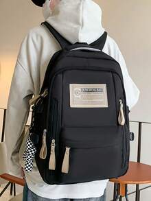 Dedoo Backpack Random Letter Label Print Large Capacity Vintage College Style Student Campus Daily Large Capacity,School Bookbag,College University Campus - Black - View 4