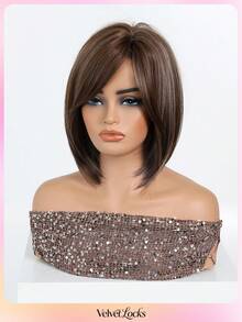 [Velvet Locks] Soft Heat-Resistant Layered Straight Side Part Bob Brown 12-Inch Synthetic Wig For Women For Elegant Daily Party - 棕色 - 查看 2