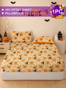 1pc Halloween Thanksgiving Pumpkin Ghost Patchwork Digital Print Fitted Sheet (Fitted Sheet Only), Machine Washable Durable Fitted Sheet, Autumn Holiday Bedroom Decor, Suitable For King/Queen/Full/Twin Sizes, Applicable For Home, Dorm, Apartment, Guest Room, Rental And Gift - Multicolor - View 3