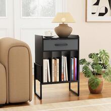 Black And Grey Record Player Stand With Vinyl Storage, Turntable Table With Fabric Drawer, 4-Compartment Album Holder And Metal Frame For Living Room, Bedroom And Music Room - Black & Grey - View 5