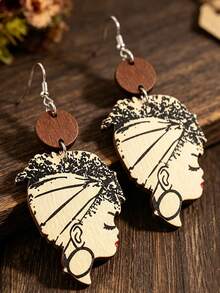1 Pair Bohemian Exotic Portrait Silhouette Wooden Earrings, Vintage Print African Woman Profile, Vacation Ear Accessories - Portrait - View 5