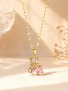 1pc Rhinestone Teddy Bear Pendant Necklace With Pink Crystal Star, Cute Elegant Fashion Jewelry, Suitable For Children's Party, Prom, Date And Daily Wear Gift - Gold - View 5