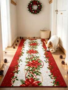 1pc Classic Red & White Poinsettia Christmas Hallway Runner Rug, Long Carpet, Living Room Rug, Bedside Plush Rug, Autumn/Winter Rug, Thick Rug, Large Area Rug, Bedroom Rug, Home Decor, Outdoor Rug, Washable - Multicolor - View 3