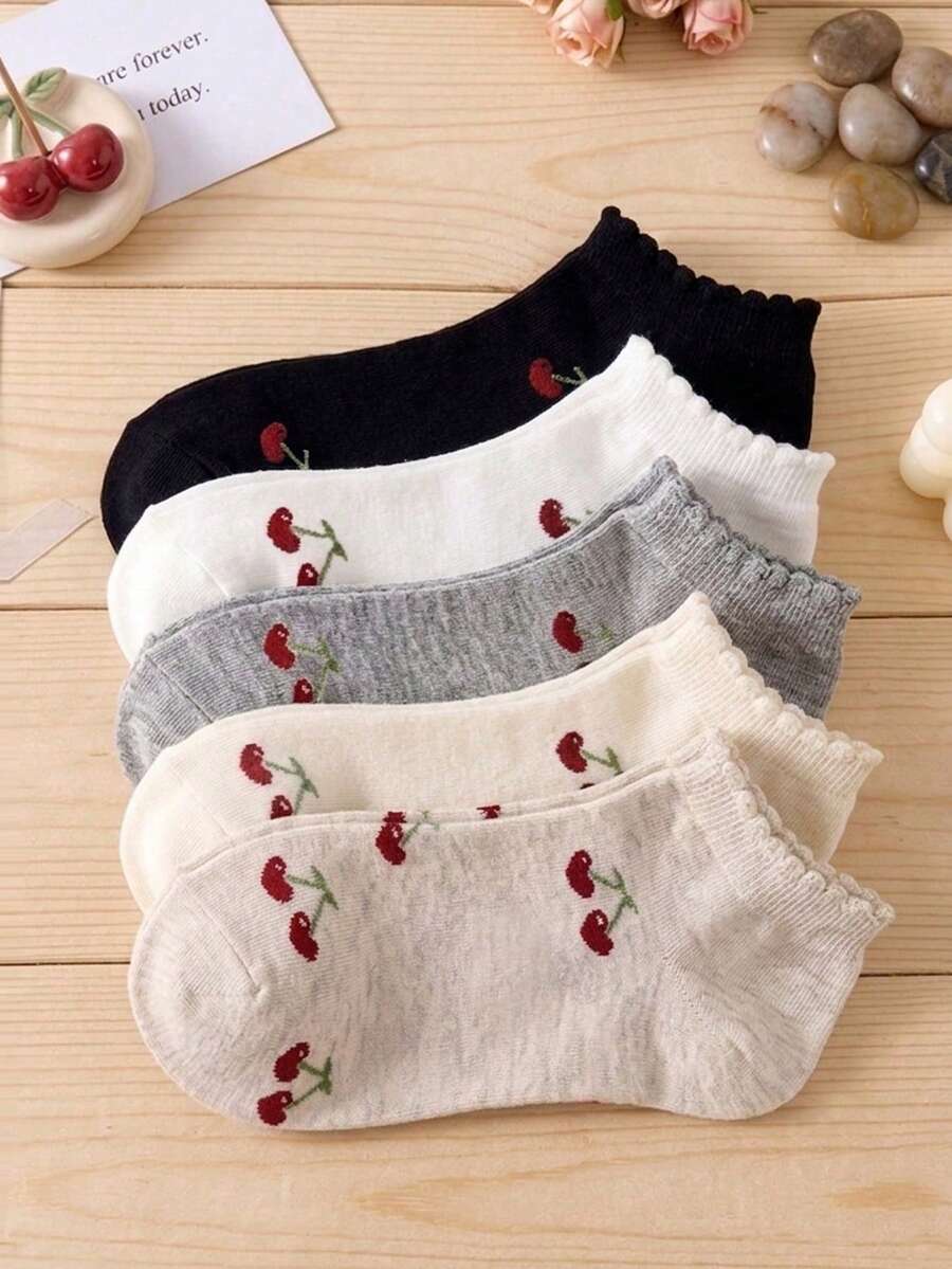 5 Pairs Girls' Cute Cherry Pattern Minimalist Thin Ankle Socks, Ruffled Hem Design, Christmas Gift, Fashionable Ins Style Comfortable White Socks, Random Colors, Suitable For All Seasons - Multicolor - View 1