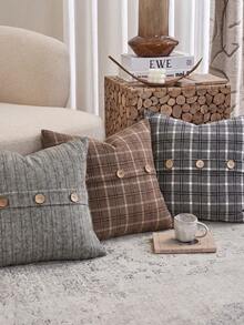 One Imitation Cashmere Classic Striped Plaid Pillowcase (Pillow Core Not Included) Designer Cushion Cover With Natural Coconut Buttons - Brown - View 4
