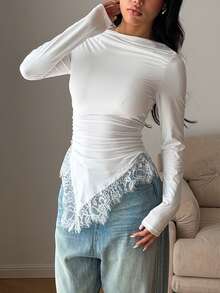 Women's Solid Color Round Neck Pleated Contrast Lace Asymmetrical Hem Top White - White - View 6