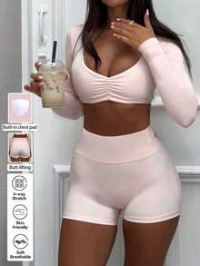 NOIRLYN Women's 2-Piece Yoga Set, Sexy U-Neck Long Sleeve Top With Built-In Bra Pads + High Waist Butt-Lifting Shorts, Suitable For Sports And Elegant Occasions - Pink - View 6