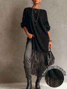 MOOSGOP Pull en maille femme automne/hiver, nouveau style mode romantique français, décontracté polyvalent vintage ample avec ourlet en dentelle, pull oversize long drapé doux et agréable sur la peau, top pull décontracté de voyage, design minimaliste élégant confortable d'hiver avec patchwork en dentelle, col rond - Noir - Voir 1