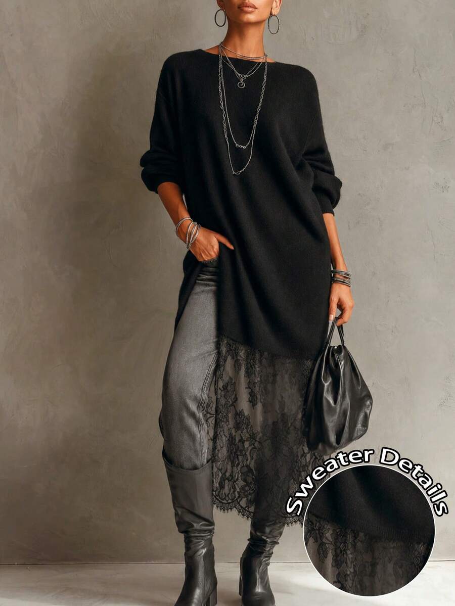 MOOSGOP Pull en maille femme automne/hiver, nouveau style mode romantique français, décontracté polyvalent vintage ample avec ourlet en dentelle, pull oversize long drapé doux et agréable sur la peau, top pull décontracté de voyage, design minimaliste élégant confortable d'hiver avec patchwork en dentelle, col rond - Noir - Voir 1