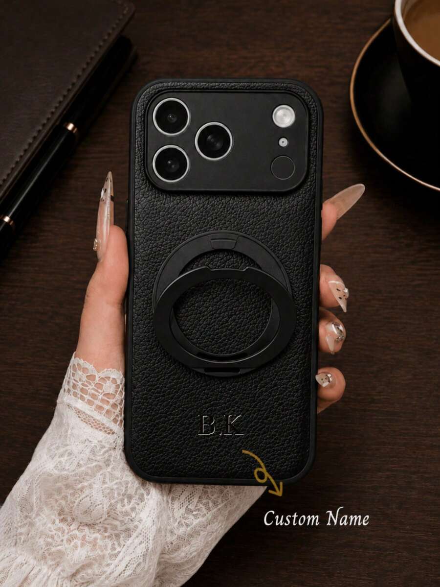 Personalized Custom Name Litchi Texture Embossed Phone Case, With 360° Rotating Aluminum Alloy Ring Stand, Artificial PU Leather Full Coverage Protective Shell, Suitable For 16 15 14 13 12 Pro Max Plus, Gold Foil Letter Phone Accessory Case - Black - View 1