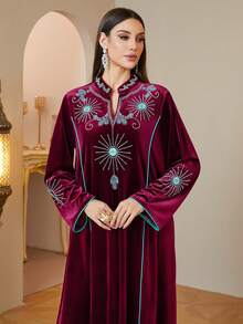 Autumn/Winter Thickened Burgundy Elegant Sun Rhinestone Embroidered Stand Collar Long Dress, Dubai Saudi Muslim Jalabiya - Red - View 3
