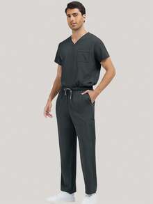 Men's Scrub Set, Breathable Lab Coat, Pet Grooming Salon Uniform, With Multiple Pockets - Grey - View 5