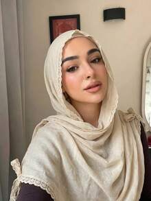 1pc Lace Bow Cotton Linen Hijab, Lightweight Breathable Lace Edge Muslim Headscarf, Solid Color Soft Shawl For Daily Prayer Modest Wear - Multicolor - View 2