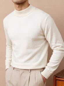 Men's Solid Color Knit Base Layer T-Shirt Sweater, Suitable For Office And Daily Wear Layering Piece - White - View 5