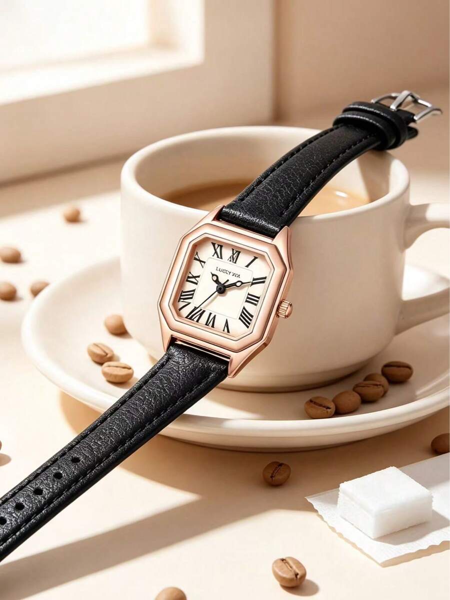LUCKYFOX Women's Vintage Luxury Minimalist Square Dial Quartz Watch With Leather Strap, 1pc Boxed, Suitable For Daily Wear, Halloween, Back To School - Black - View 1