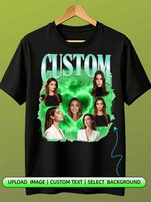 90s Vintage Custom Photo Print T-Shirt, Personalized DIY Short Sleeve Top, Creative Birthday Gift, Casual Shirt With Your Own Photo Black - Black - View 3