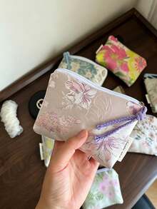 Vintage Jacquard Flower Small Makeup Bag Satin Mini Change Bag Card Bag With Braided Tassel Makeup Bag,Coin Purses - Multicolor - View 9