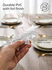 2pcs/set Hollow Out Leaf & Flower Design Pvc Table Mat And Cup Mat, Washable,easy To Clean, Anti-skid, Heat-resistant, Suitable For Dining Table, Sweet Home Decoration, Elegant Table Mat, Pvc Table Mat, Perfect For Kitchen Table Setting And Holiday Wedding Decorations - Silver - View 4